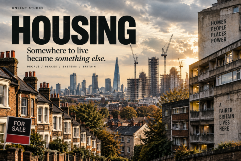 British housing collage showing London terraces, council housing, construction cranes and the London skyline