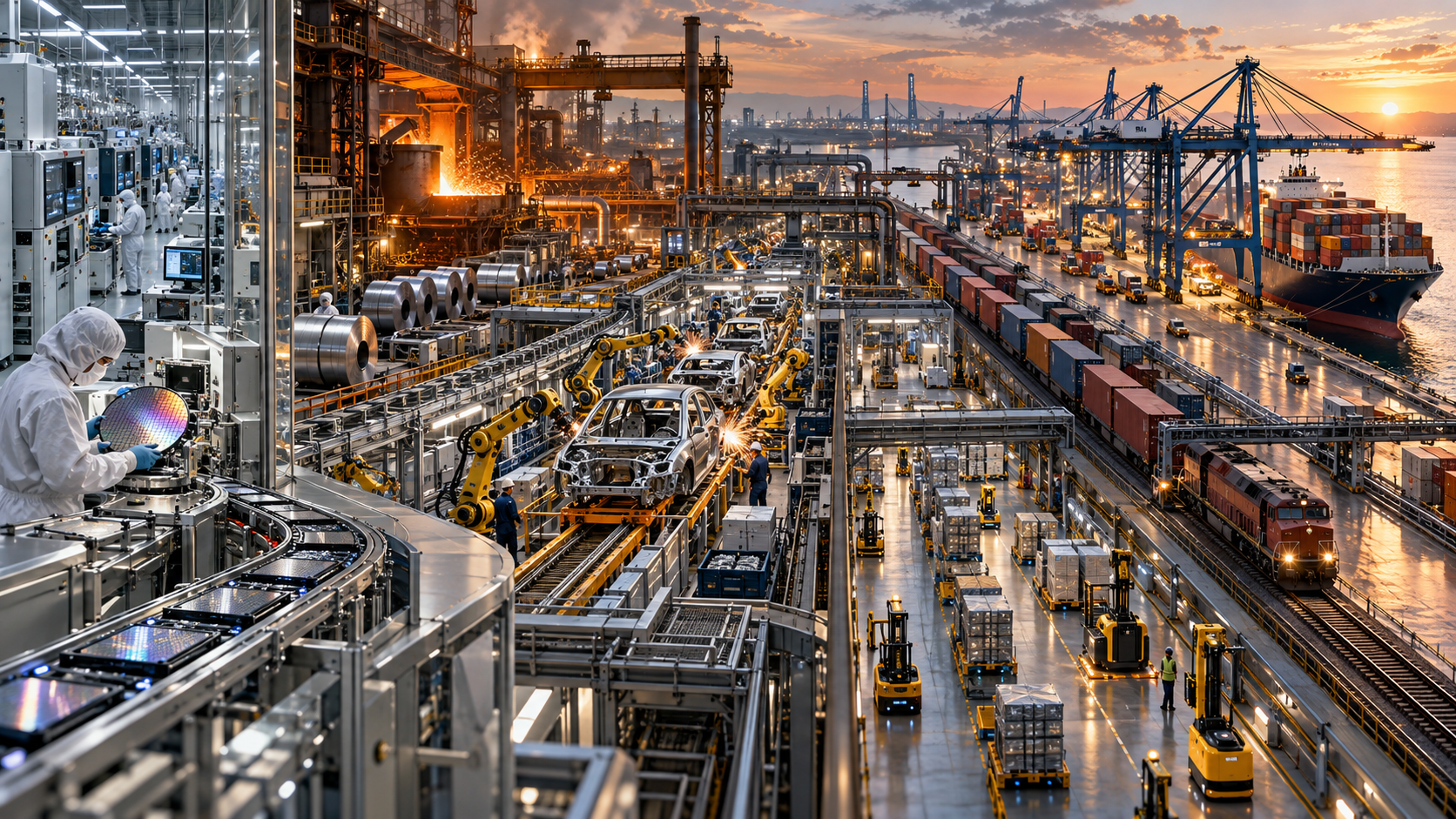 Semiconductor, steel, vehicle, warehouse, rail and port infrastructure connected as one production system