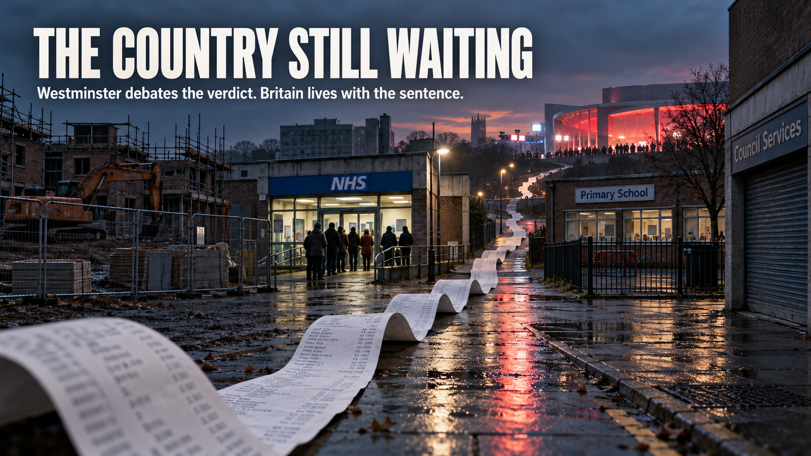 An unfinished housing site, an NHS queue, a school and closed council services linked to a distant political conference by an endless receipt
