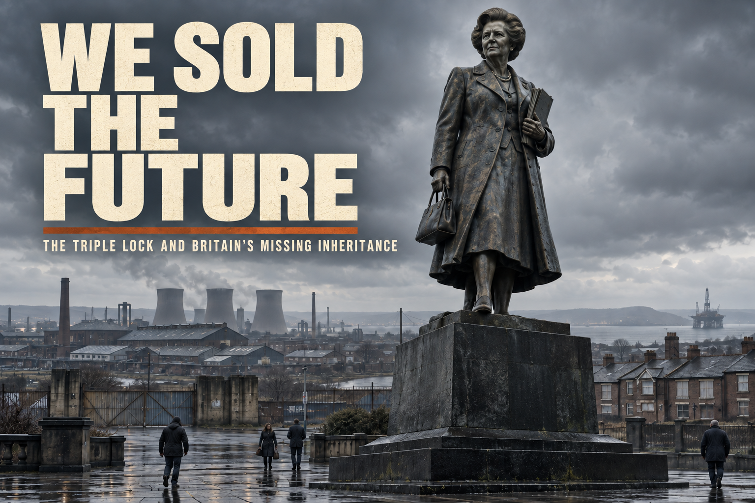 An editorial bronze statue of Margaret Thatcher overlooking closed factories, council housing and a North Sea oil platform beneath the words We Sold the Future