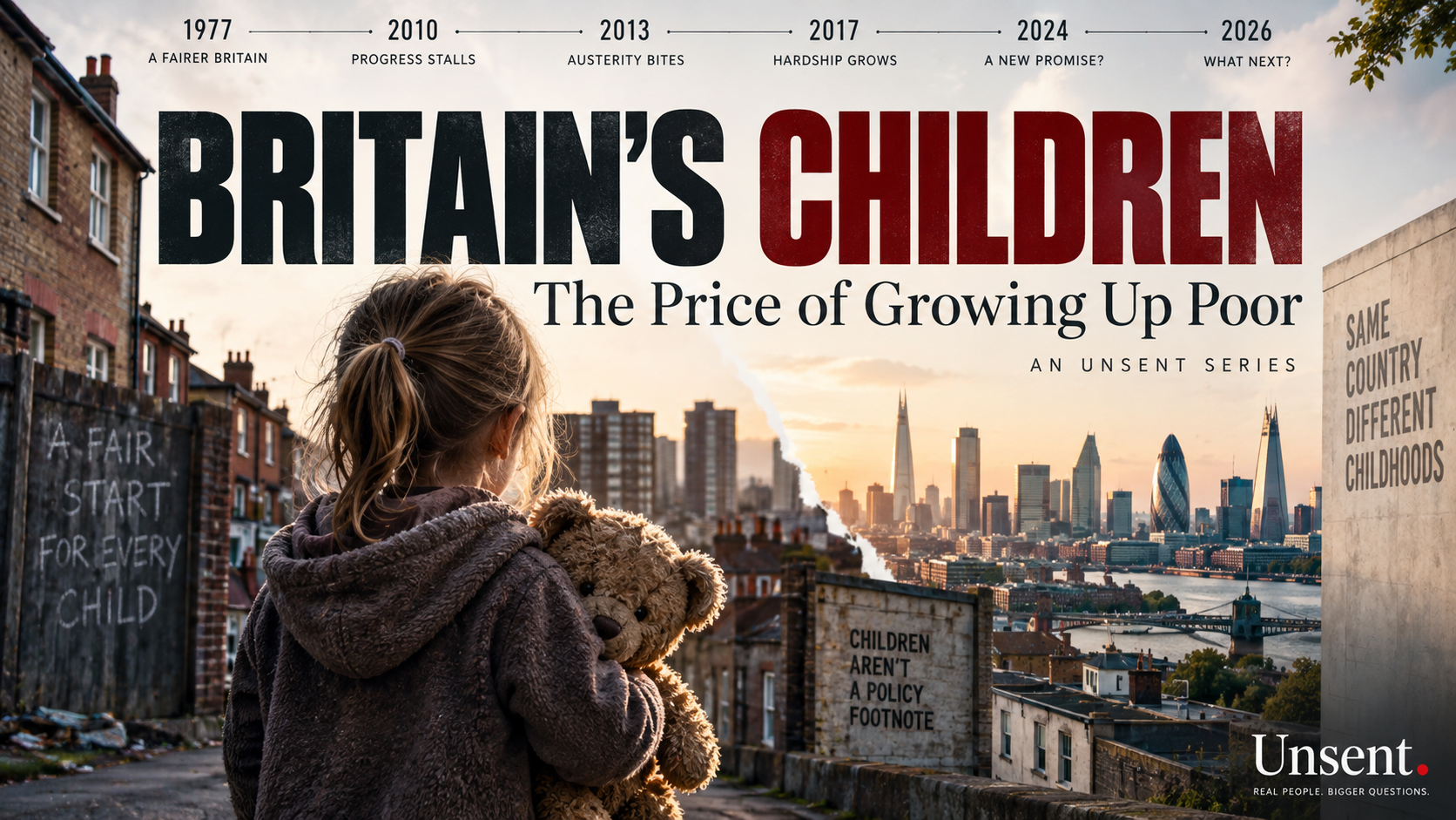 Editorial illustration showing a child holding a teddy bear against contrasting British housing and wealth, representing child poverty in Britain.