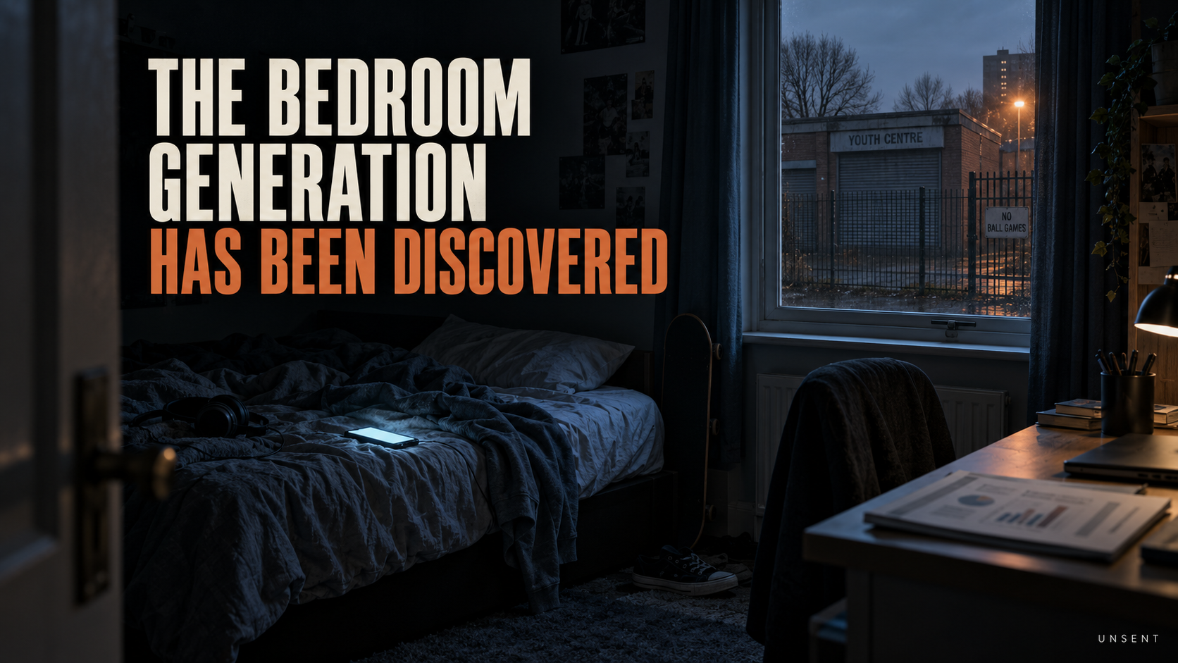 A dark teenager’s bedroom overlooking a closed youth centre and a No Ball Games sign, illustrating Britain’s so-called bedroom generation.