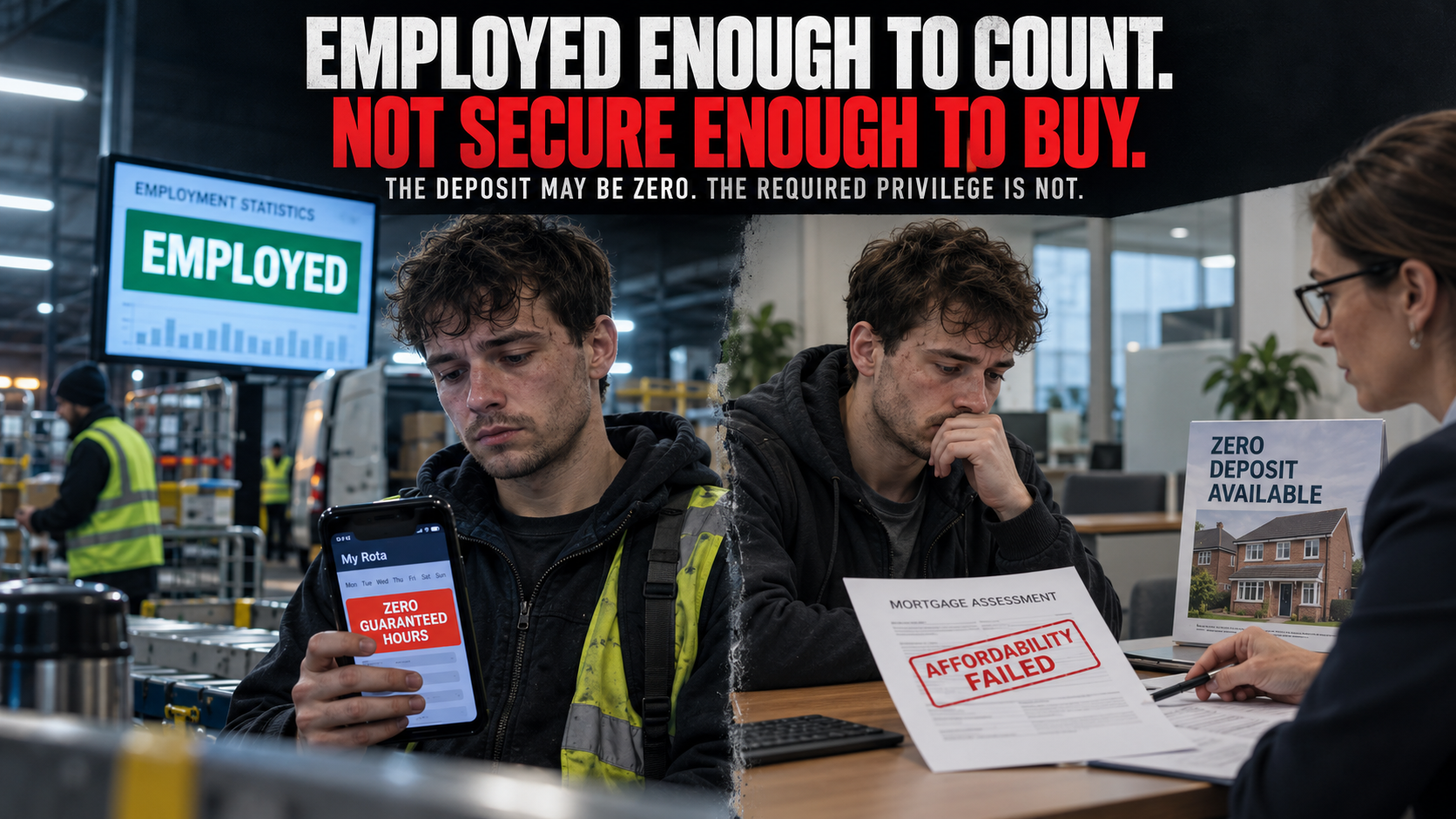 A zero-hours worker counted as employed but failing a mortgage affordability assessment