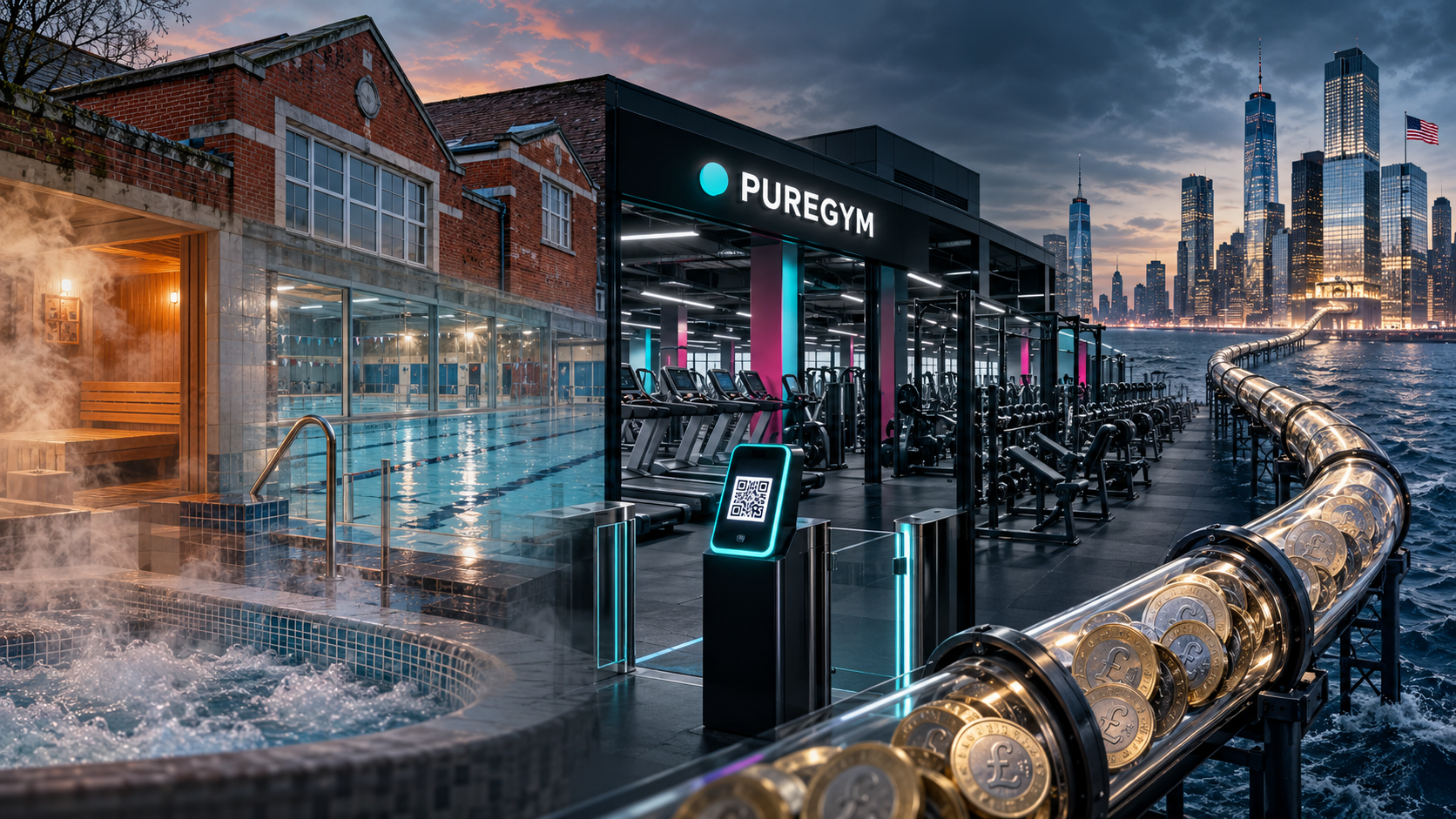 Editorial illustration showing a pool and sauna becoming an app-controlled PureGym while membership money flows toward American investment towers