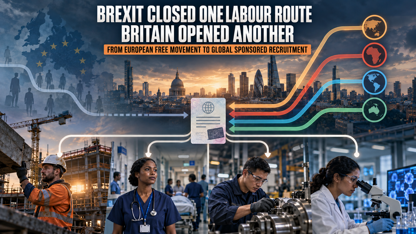 Construction, healthcare, engineering and laboratory workers connected to Britain through European and global labour routes.