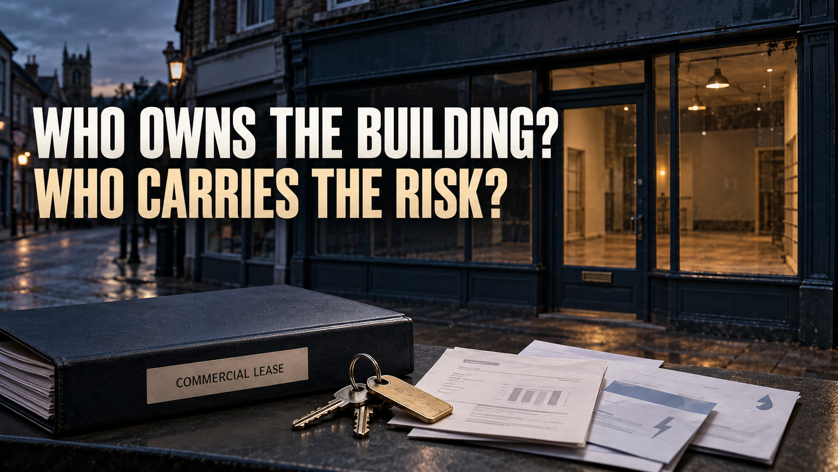 Empty British high-street shop with commercial lease documents, keys and bills beneath the title Who Owns the Building? Who Carries the Risk?