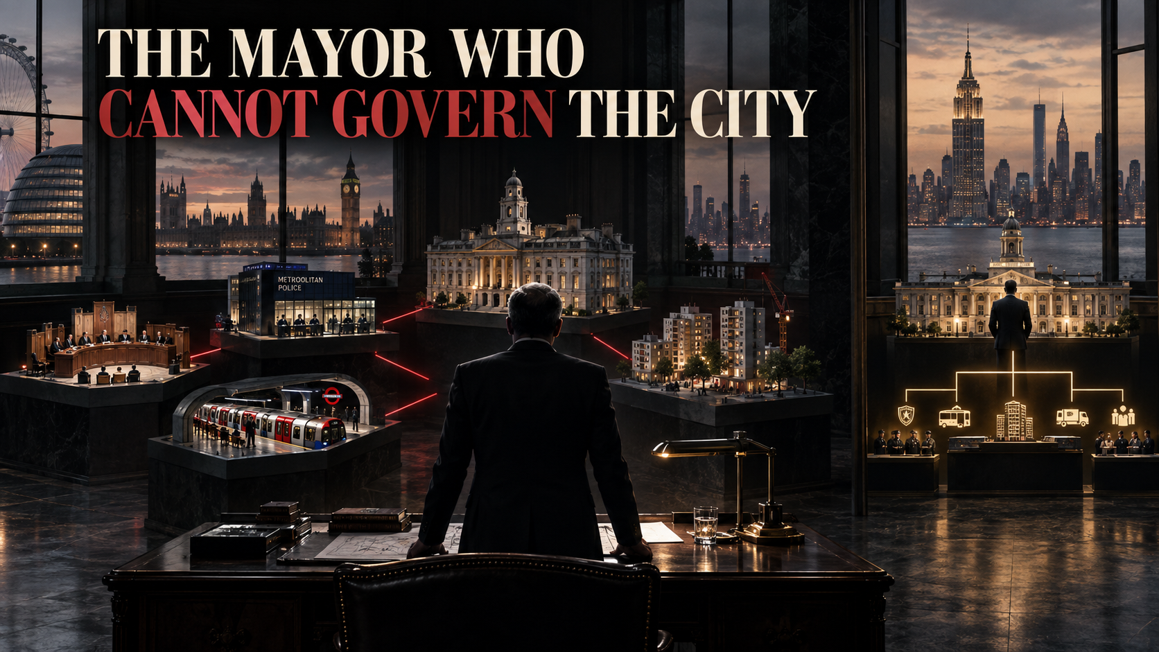 A fictional London mayor facing fragmented police, transport, housing and government institutions, contrasted with a unified New York administration.