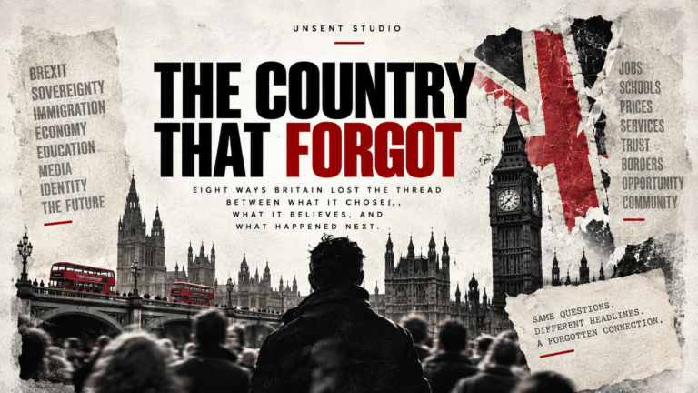The Country That Forgot series artwork featuring Westminster, the Union Jack and the British public.