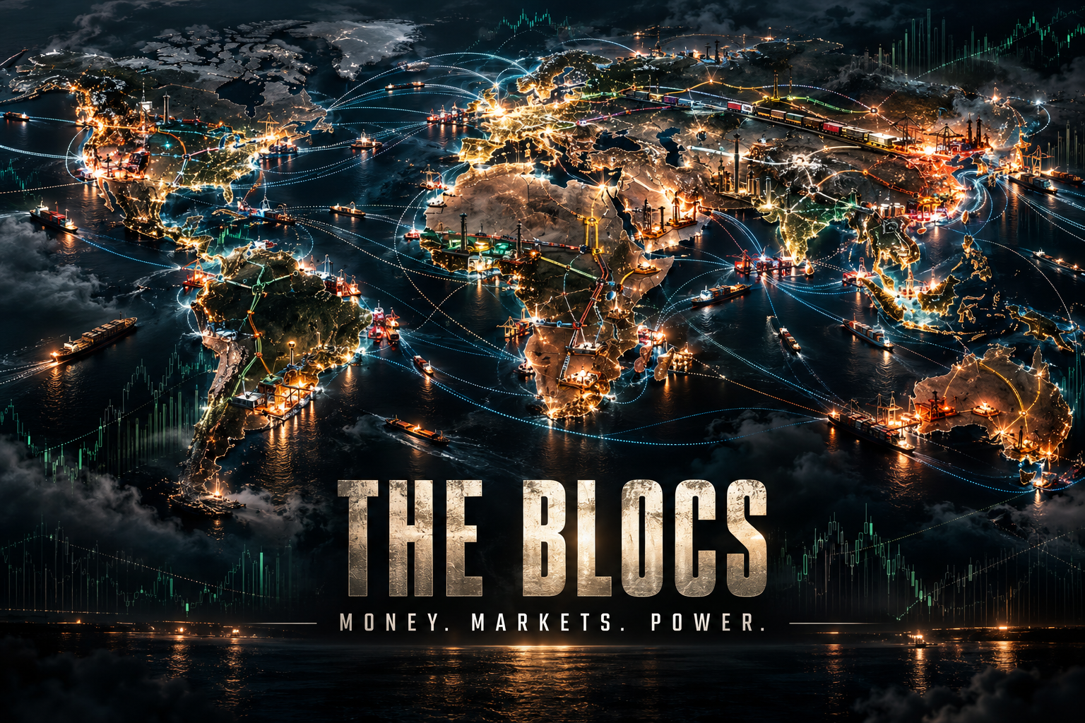 World map connected by ports, shipping routes, pipelines, industry and financial networks beneath the title The Blocs