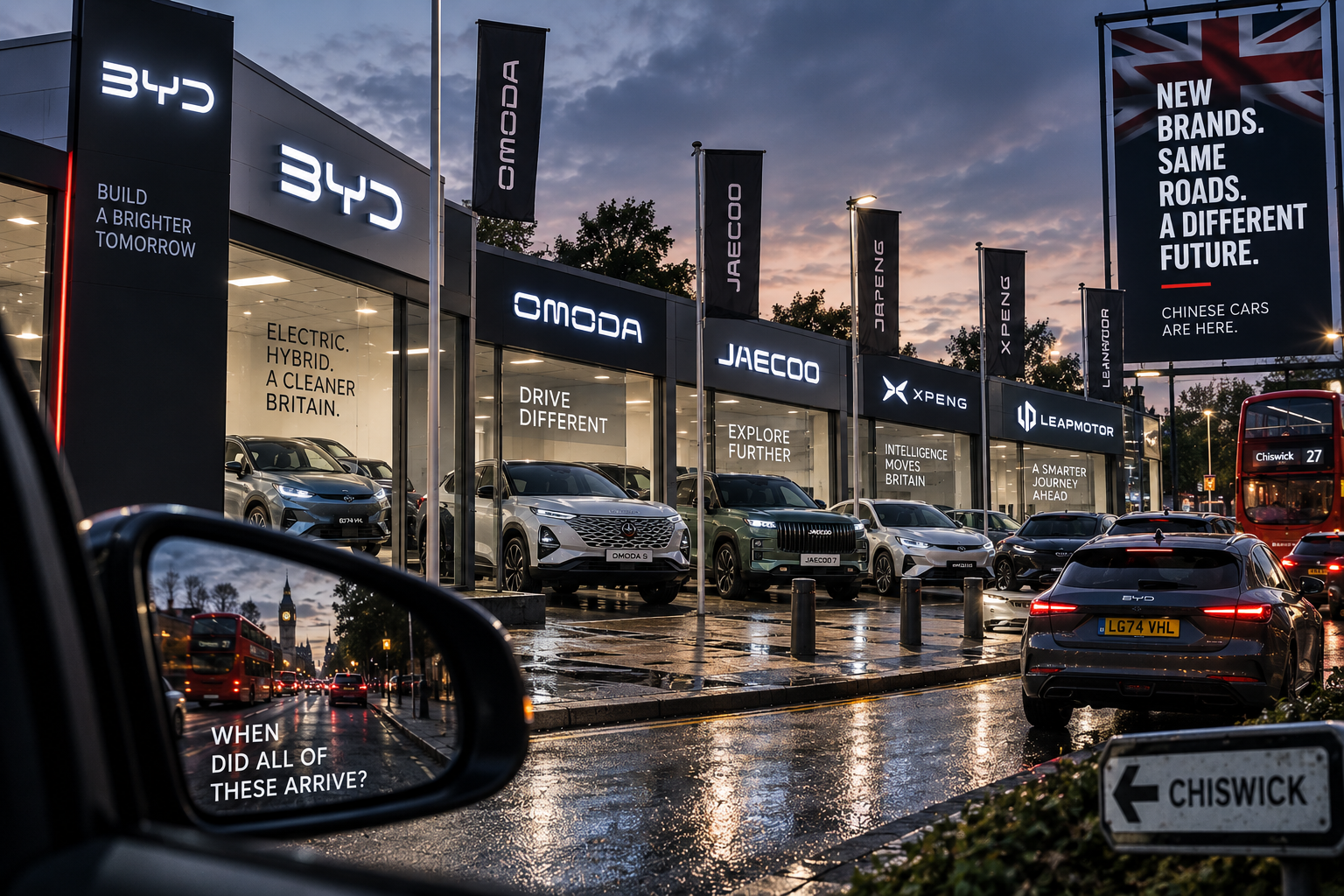 Chinese car brands BYD, OMODA, JAECOO, XPeng and Leapmotor represented on a British car dealership street