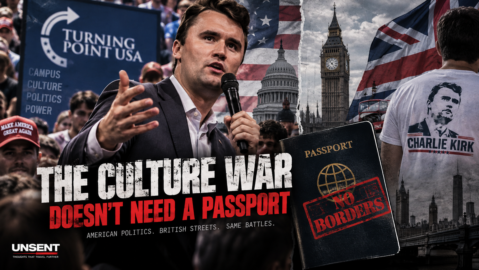Editorial artwork depicting Charlie Kirk and the movement of American culture-war politics into Britain.