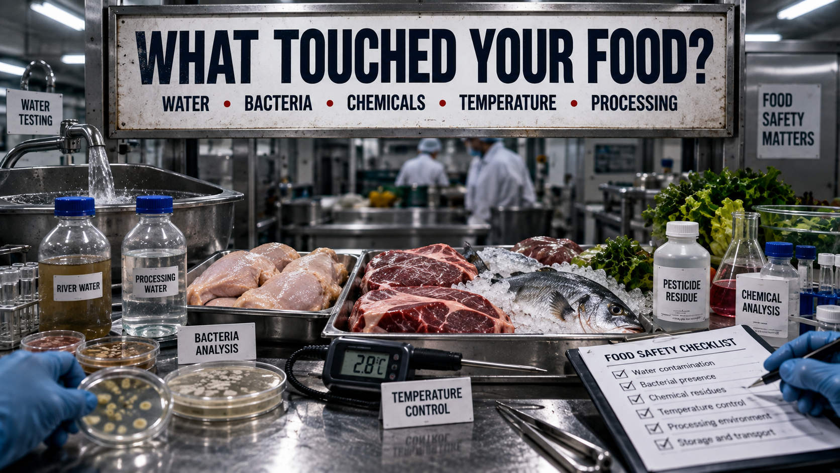 Food safety laboratory examining contamination risks including water, bacteria, chemicals, temperature and processing