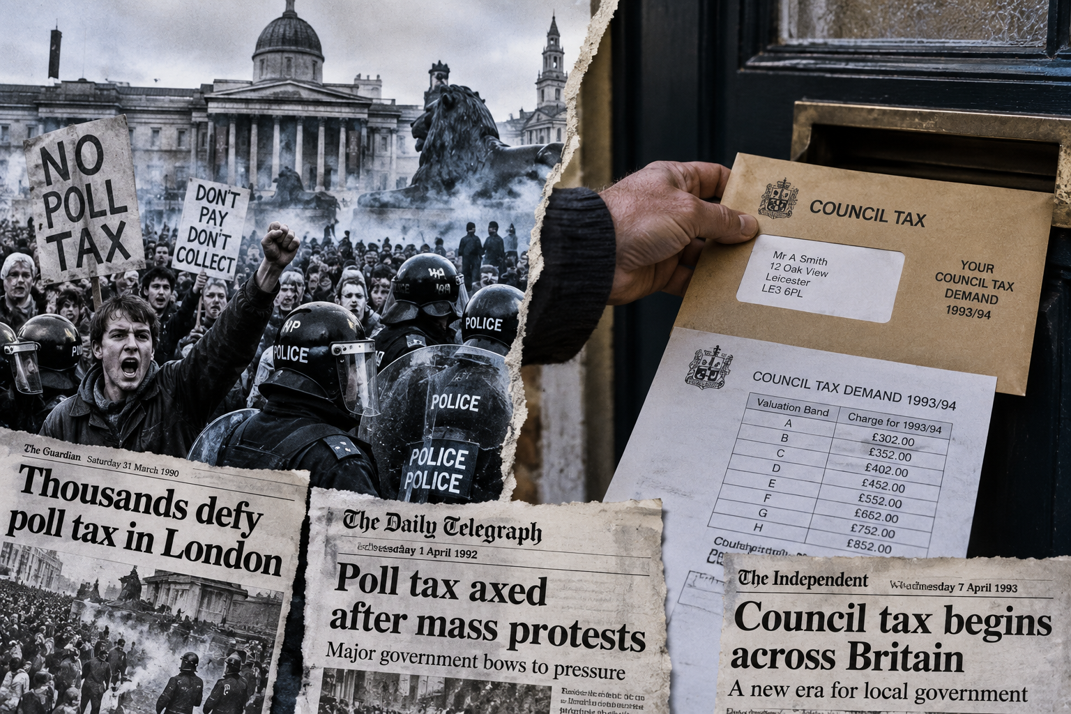 Composite depicting the 1990 Poll Tax protests in London and the arrival of Council Tax in 1993.