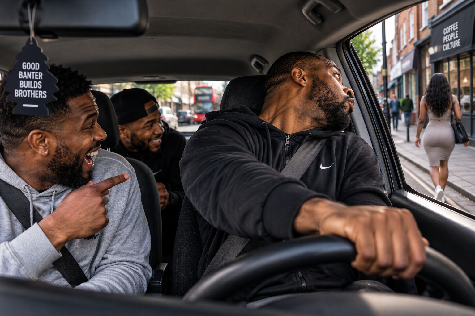 A group of men in a car as one dramatically twists around to look at a woman walking past.