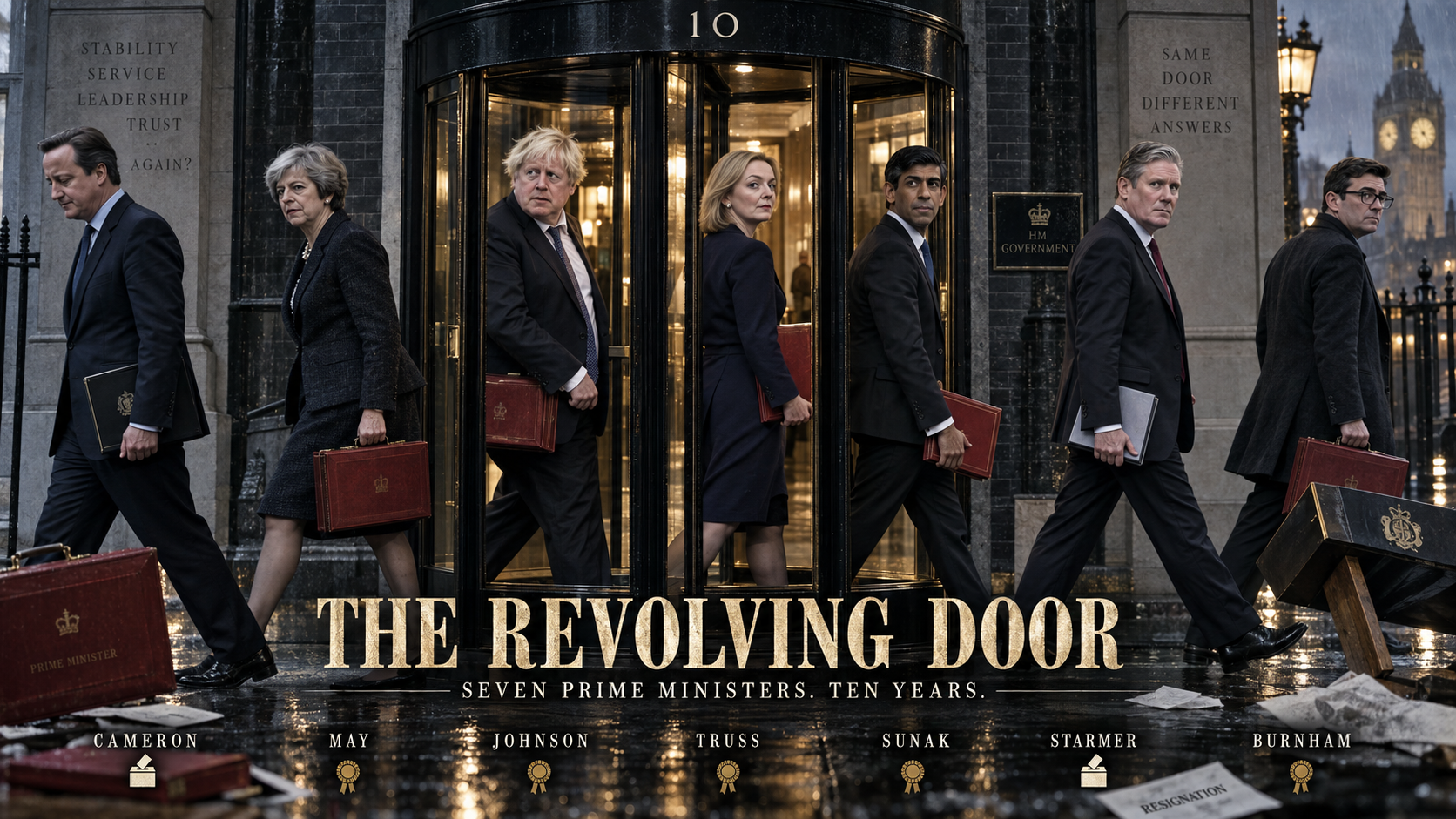The revolving door of Downing Street showing the succession from David Cameron to Andy Burnham