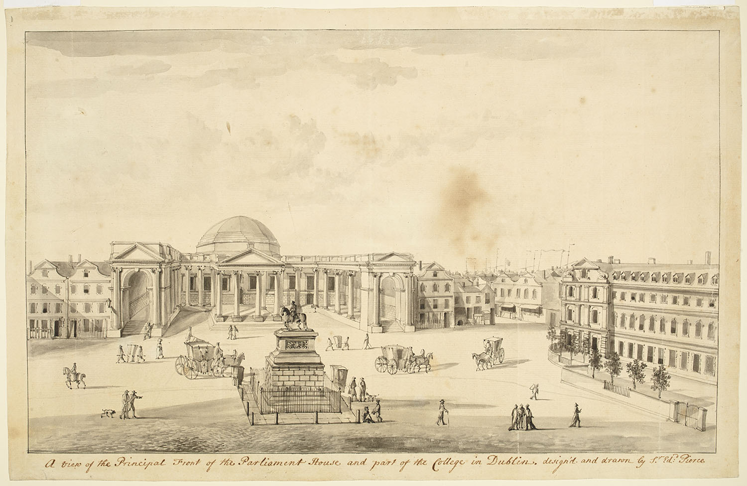 Historic view of the Irish Parliament building at College Green in Dublin