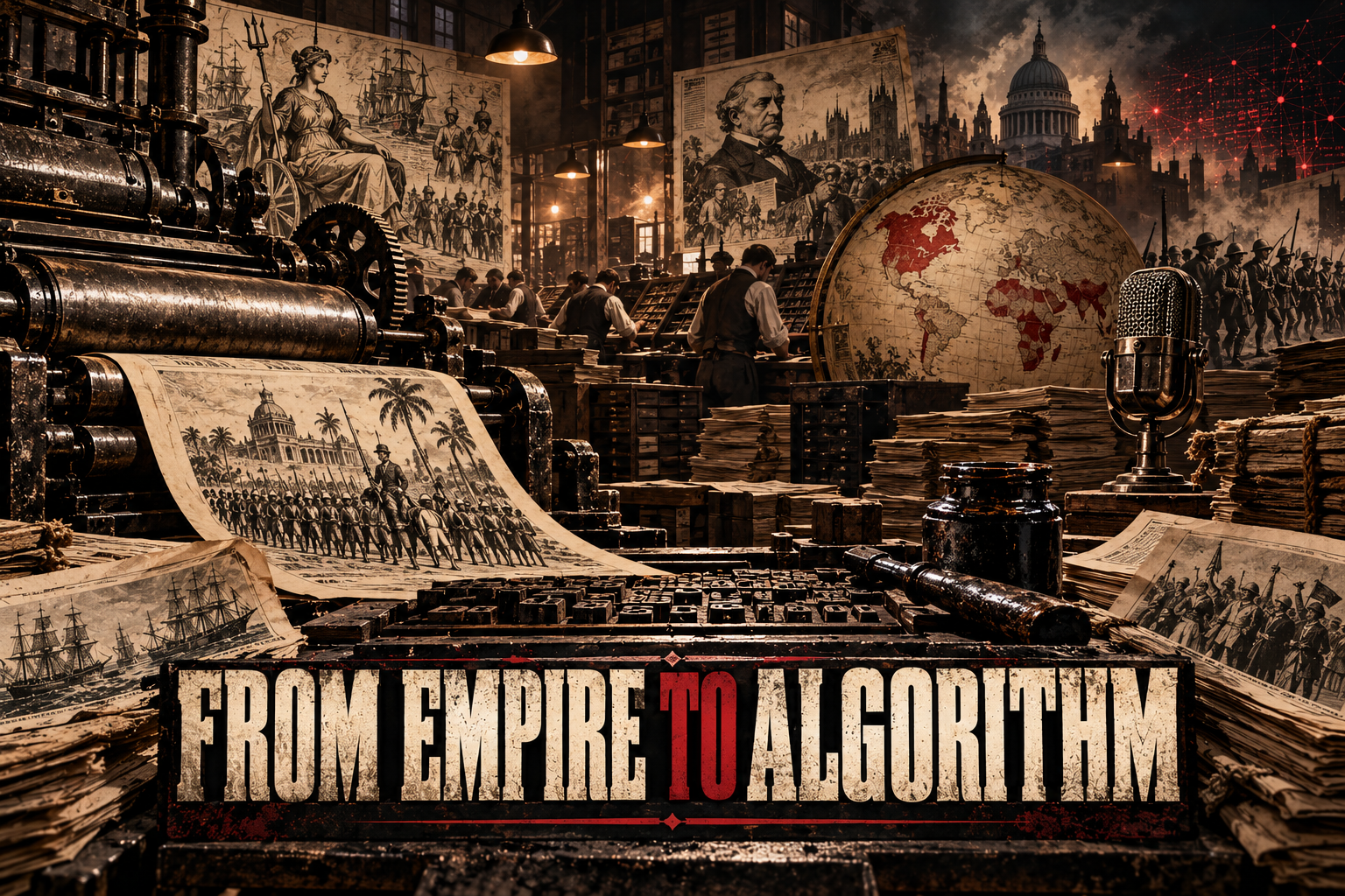 A historical British printing hall containing newspaper presses, imperial maps, compositors and an early radio microphone, with a faint modern algorithmic network in the distance.