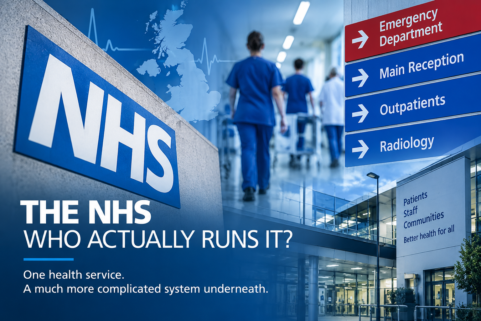 Illustration mapping the interconnected organisations, hospitals and services that make up the NHS.