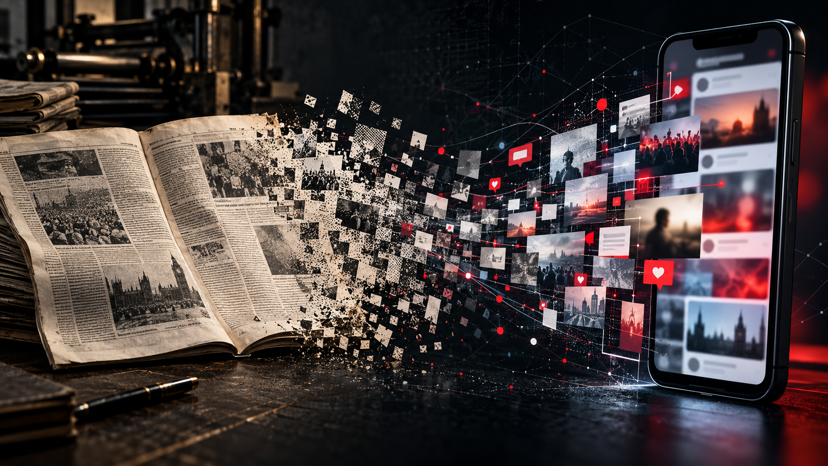An old newspaper breaking into fragments that reform as a modern social-media feed