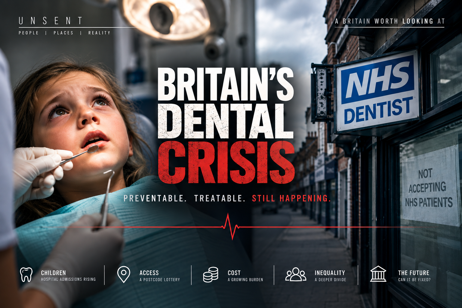 Child receiving dental treatment beside an NHS dentist surgery representing Britain’s dental crisis