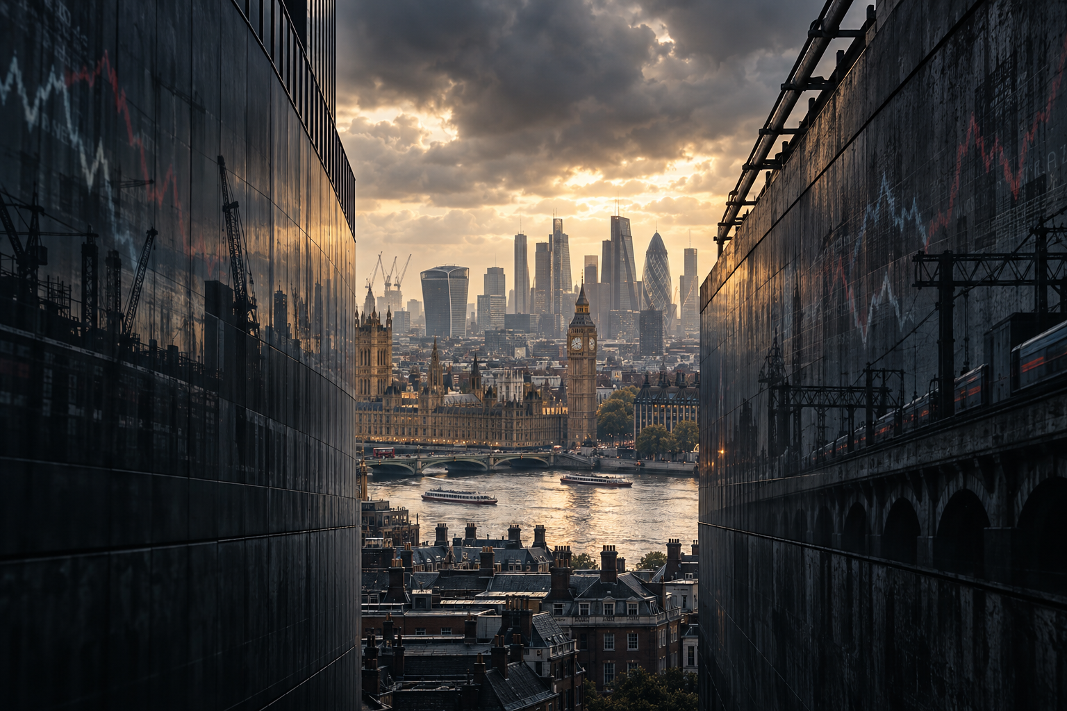Westminster and the London skyline compressed between dark walls, symbolising Britain’s narrowing economic room to manoeuvre
