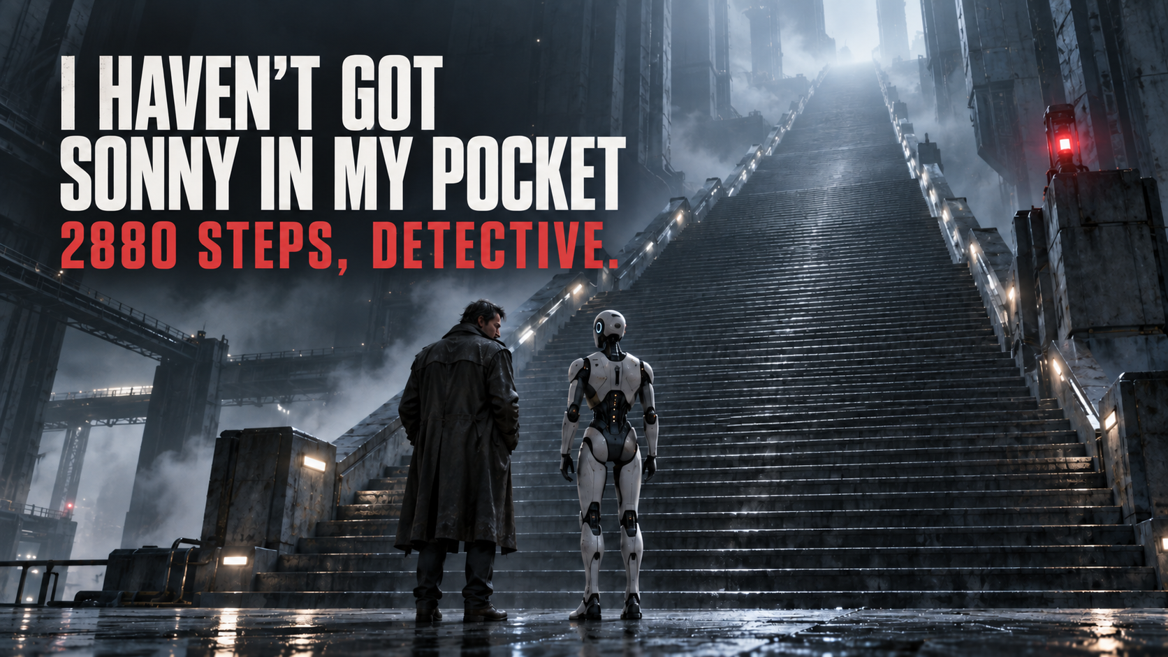 A detective and humanoid robot standing beneath an enormous futuristic staircase