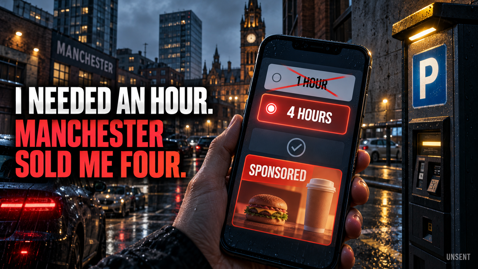 A Manchester parking app showing one hour unavailable, four hours selected and a sponsored advert beneath the payment confirmation.