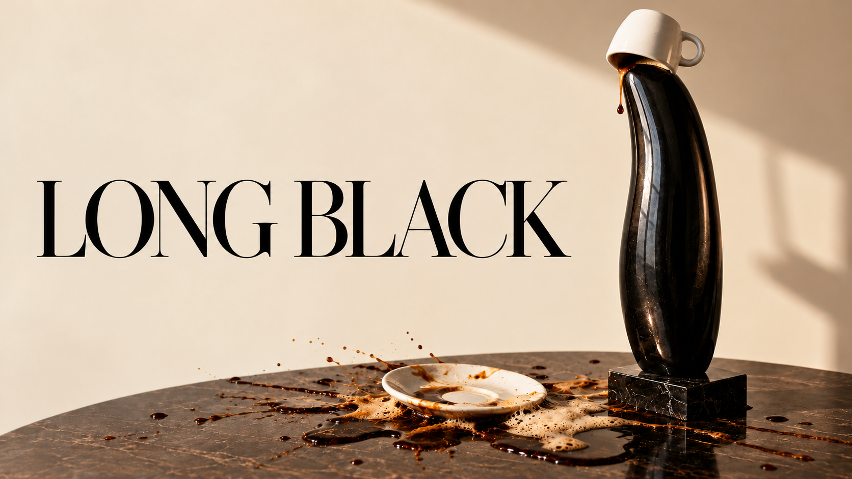 An upside-down coffee cup balanced above a spill of coffee and foam, illustrating A Long Black in Richmond.