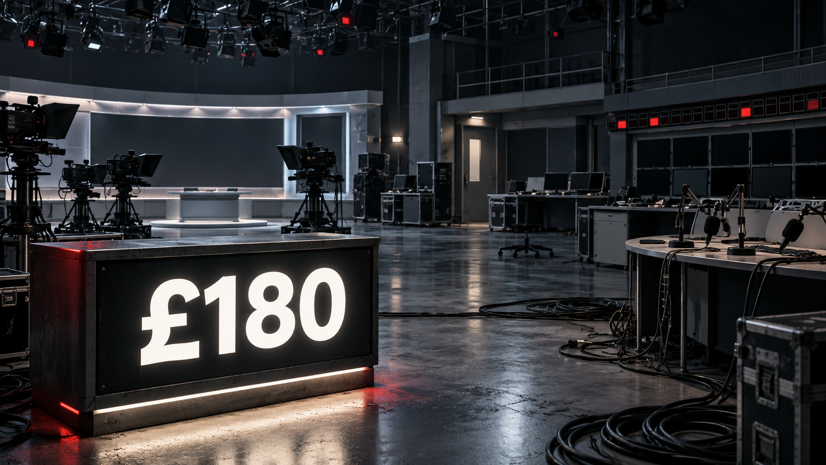 An illuminated £180 sign inside an empty television and radio studio representing BBC cuts
