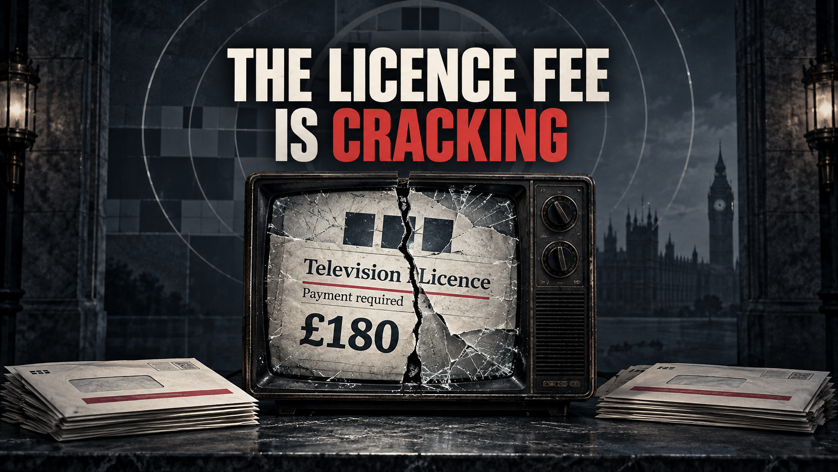 A cracked television displaying a £180 television licence beneath the title The Licence Fee Is Cracking