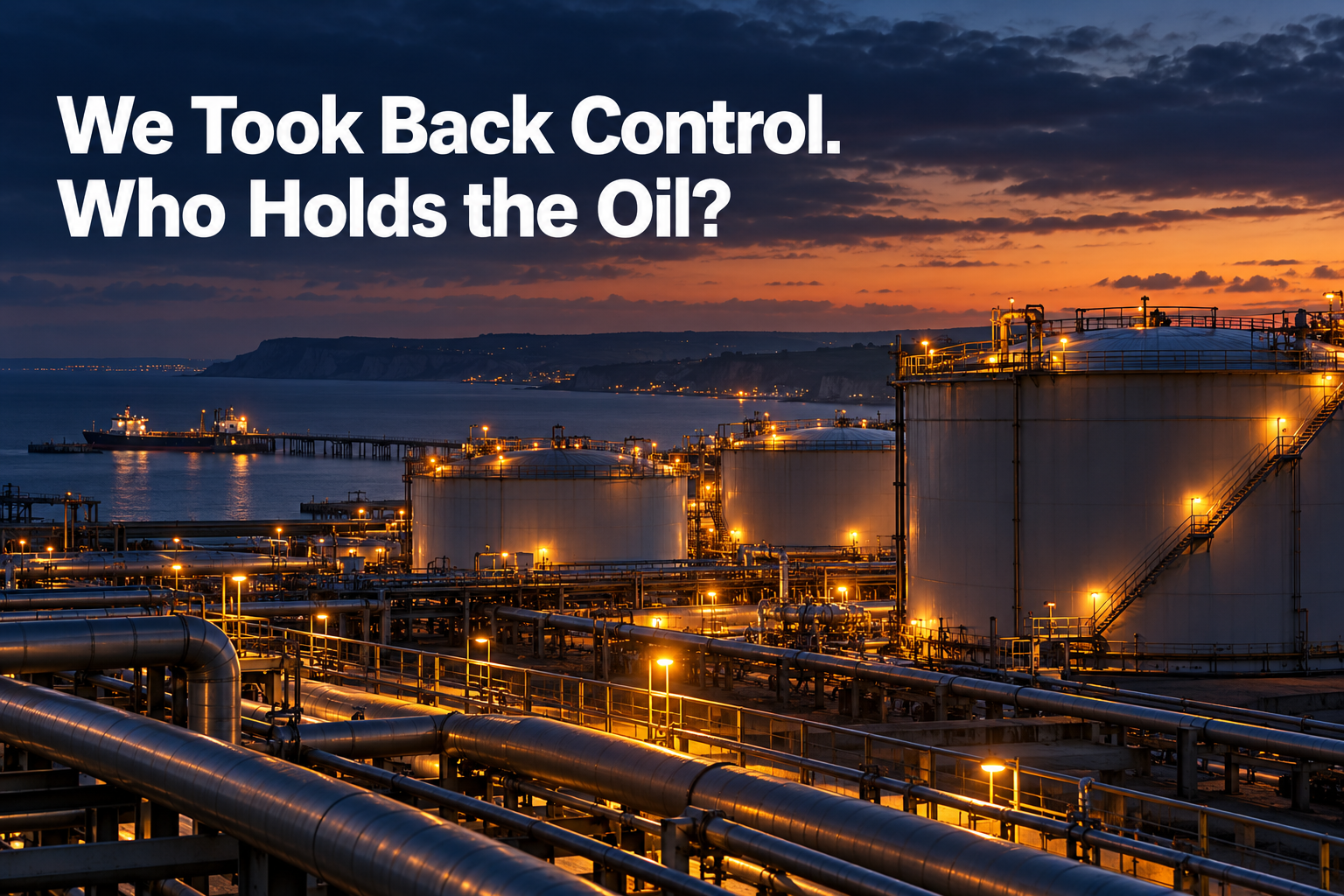 Editorial image of UK oil storage tanks and pipeline infrastructure, titled “We Took Back Control. Who Holds the Oil?”