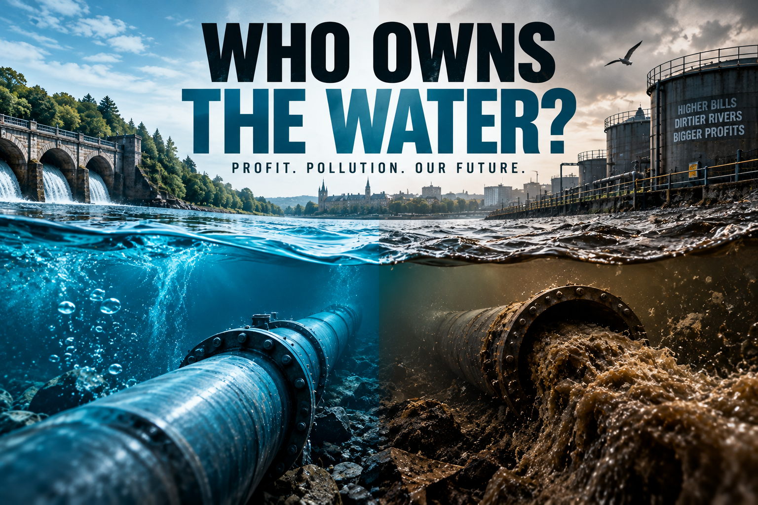 Who Owns the Water illustration showing clean water and polluted wastewater flowing through ageing British water infrastructure.