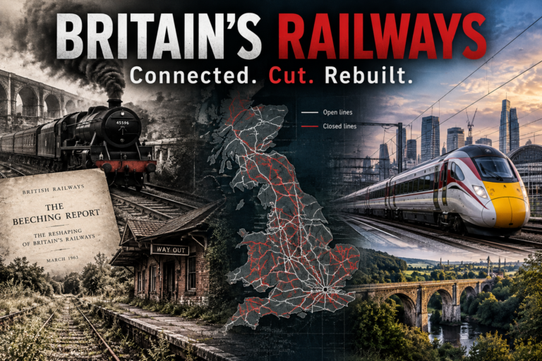 Britain’s Railways feature image showing historic and modern trains, the Beeching era and a map of the British railway network.