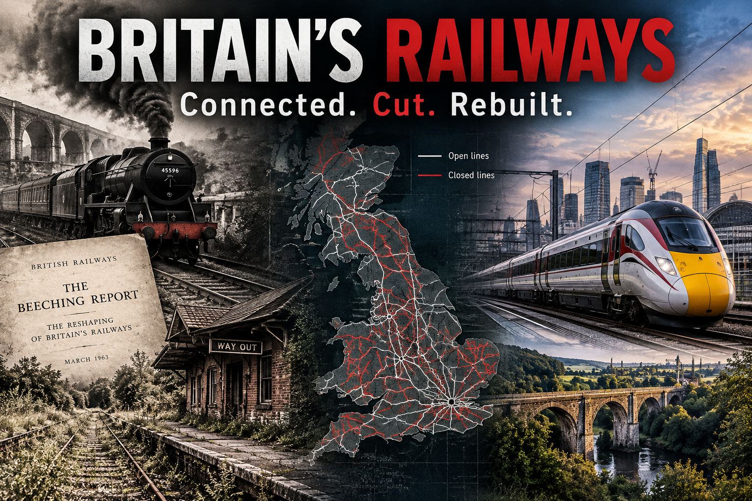 Britain’s Railways feature image showing historic and modern trains, the Beeching era and a map of the British railway network.