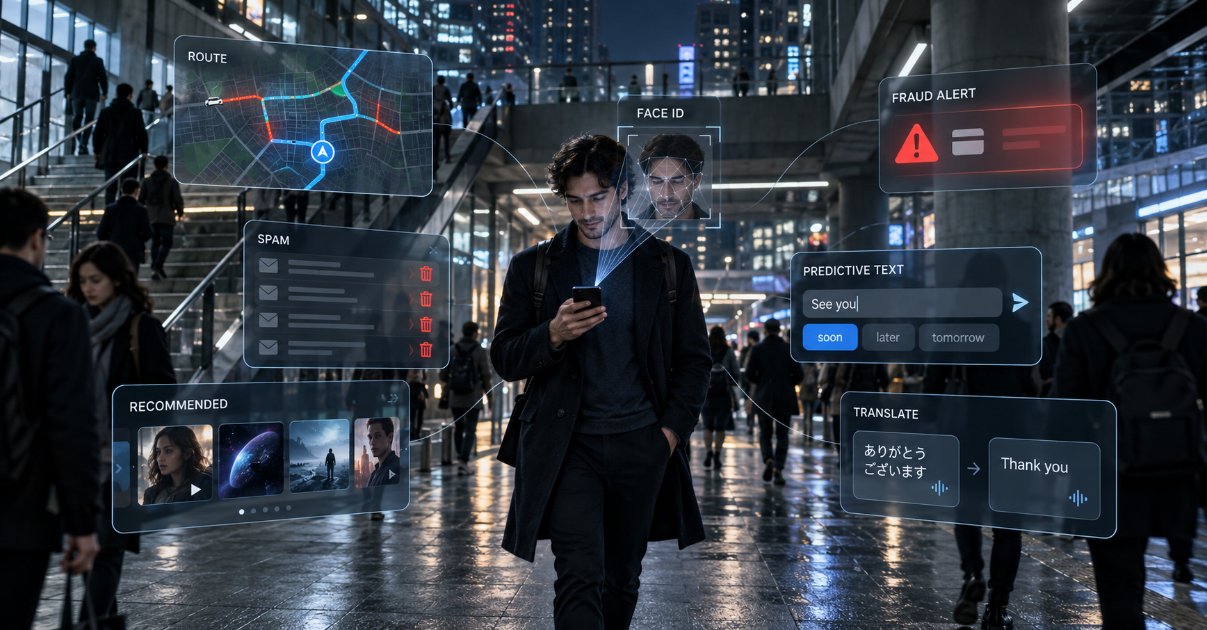 An ordinary commuter surrounded by familiar automated systems including navigation, fraud detection, spam filtering, recommendations, face recognition, predictive text and translation