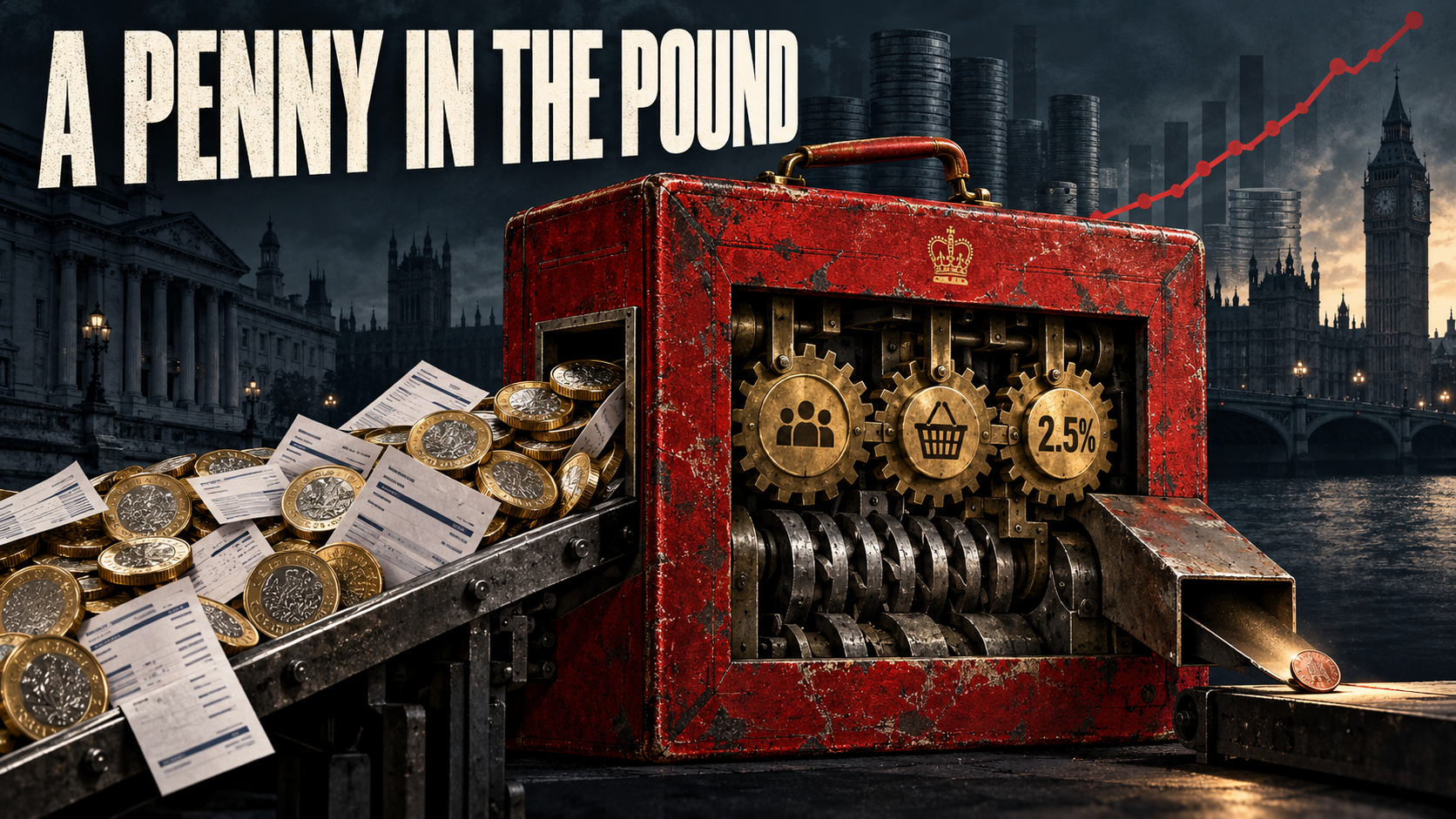 A red Budget machine takes in pound coins and payslips before returning a single penny beneath the title A Penny in the Pound