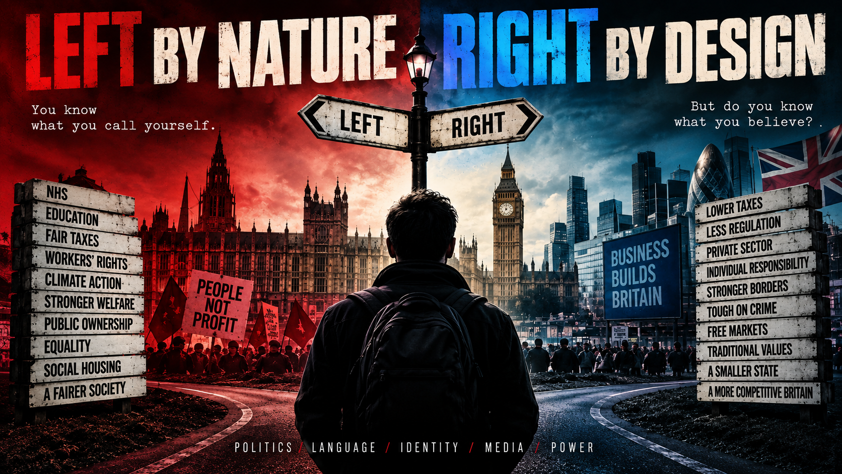 Political crossroads illustrating the divide between left-wing and right-wing ideas in Britain