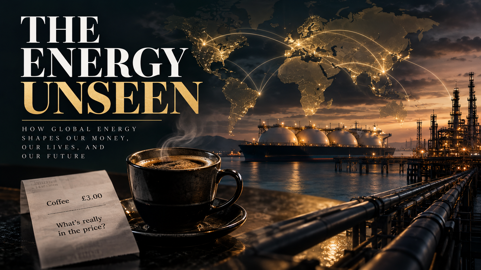 Coffee, receipt, energy infrastructure and global energy routes illustrating hidden energy costs within everyday prices.