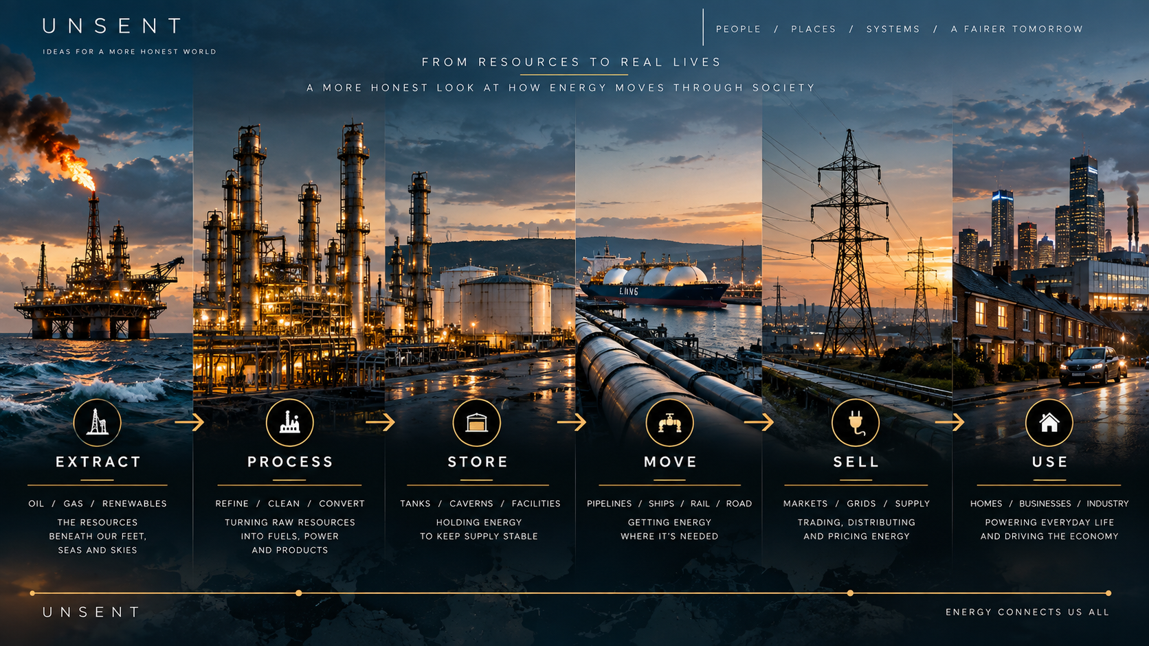 Energy infrastructure across extraction, processing, storage, transport and electricity systems.