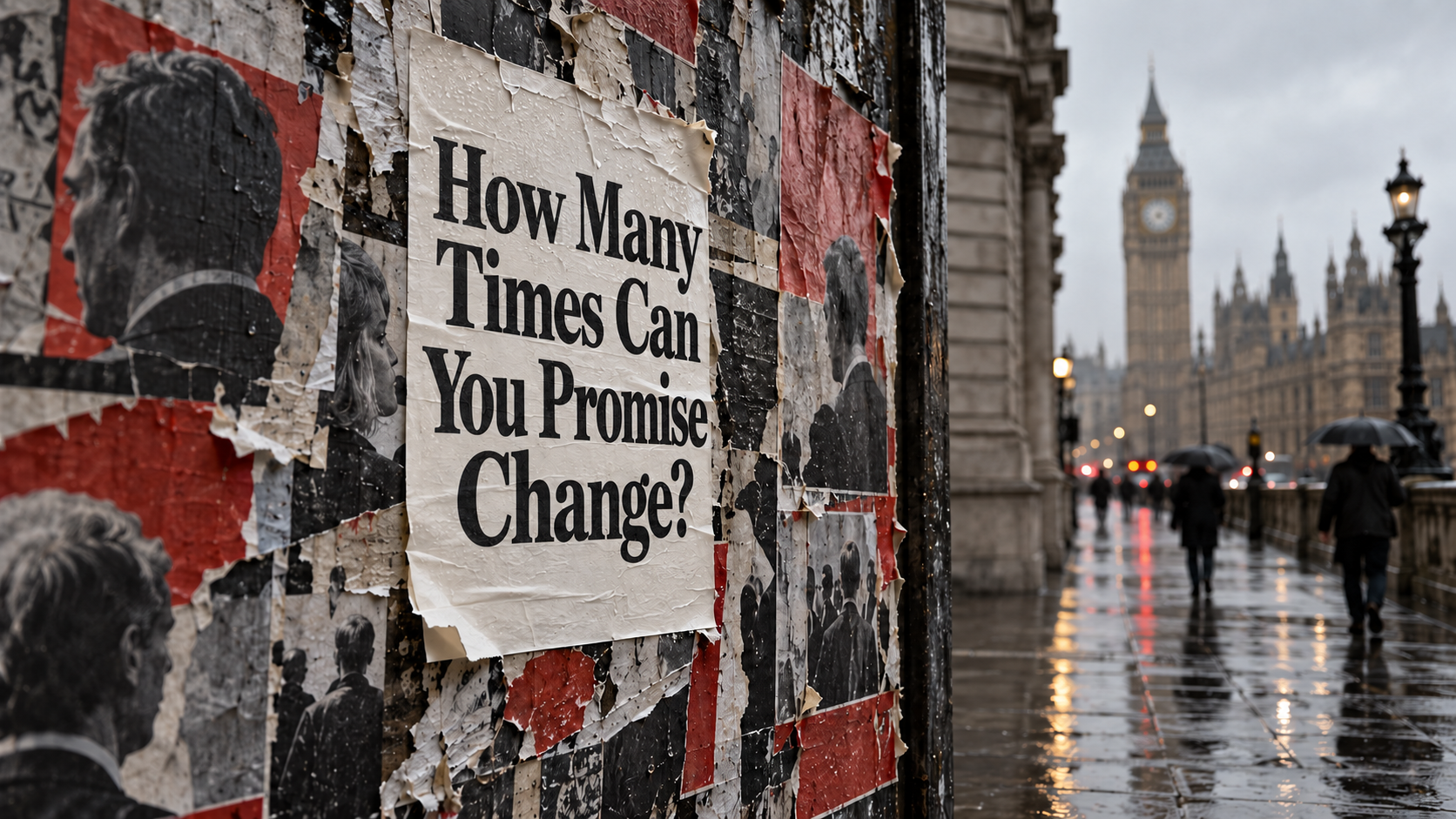 “How Many Times Can You Promise Change?” printed on a fresh poster layered over old campaign posters, with Westminster in the background.