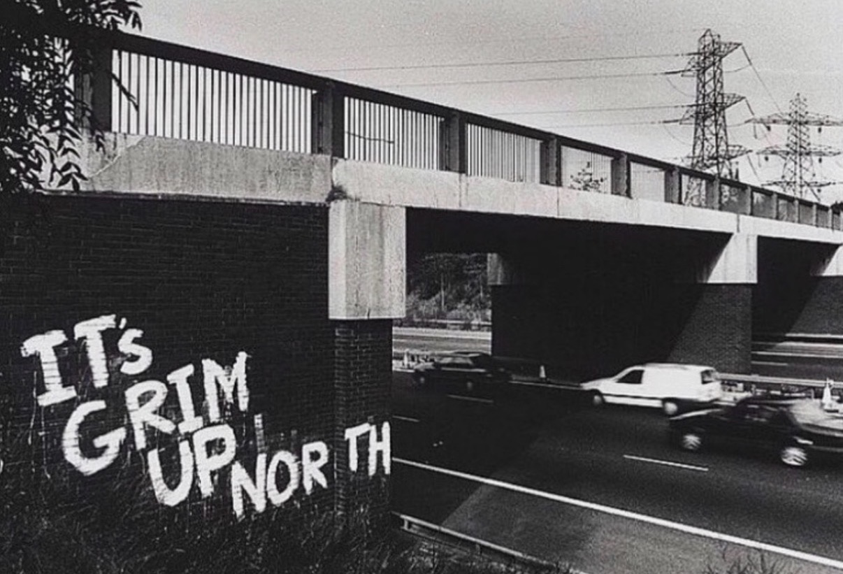 It’s Grim Up North graffiti painted beside the northbound M1 in 1991
