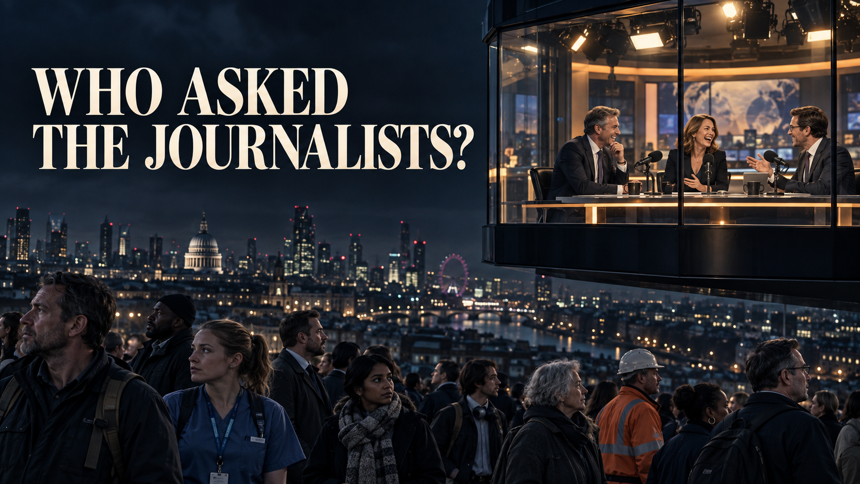 Three journalists laughing inside a brightly lit London studio while workers and members of the public remain outside below.