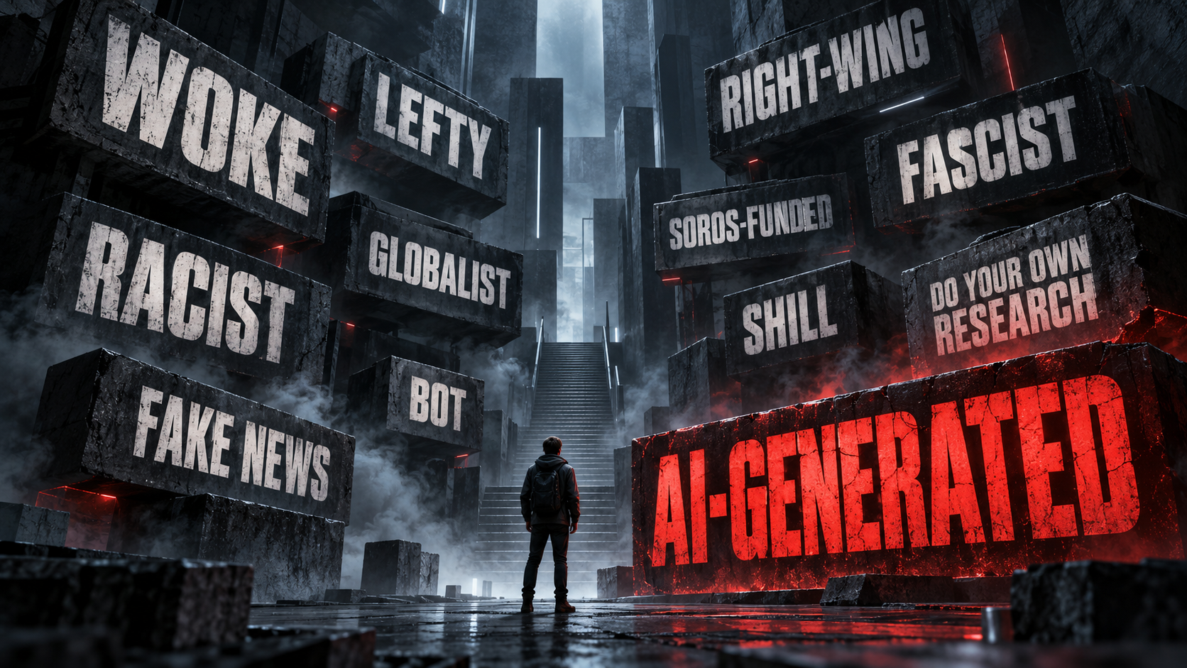 A lone figure surrounded by political labels, with AI-generated dominating in red