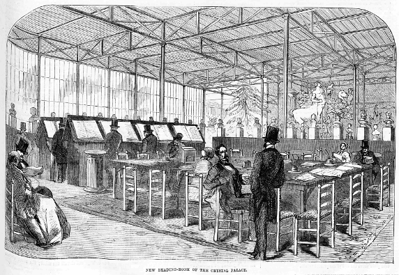 People reading newspapers inside the Crystal Palace Reading Room in 1855