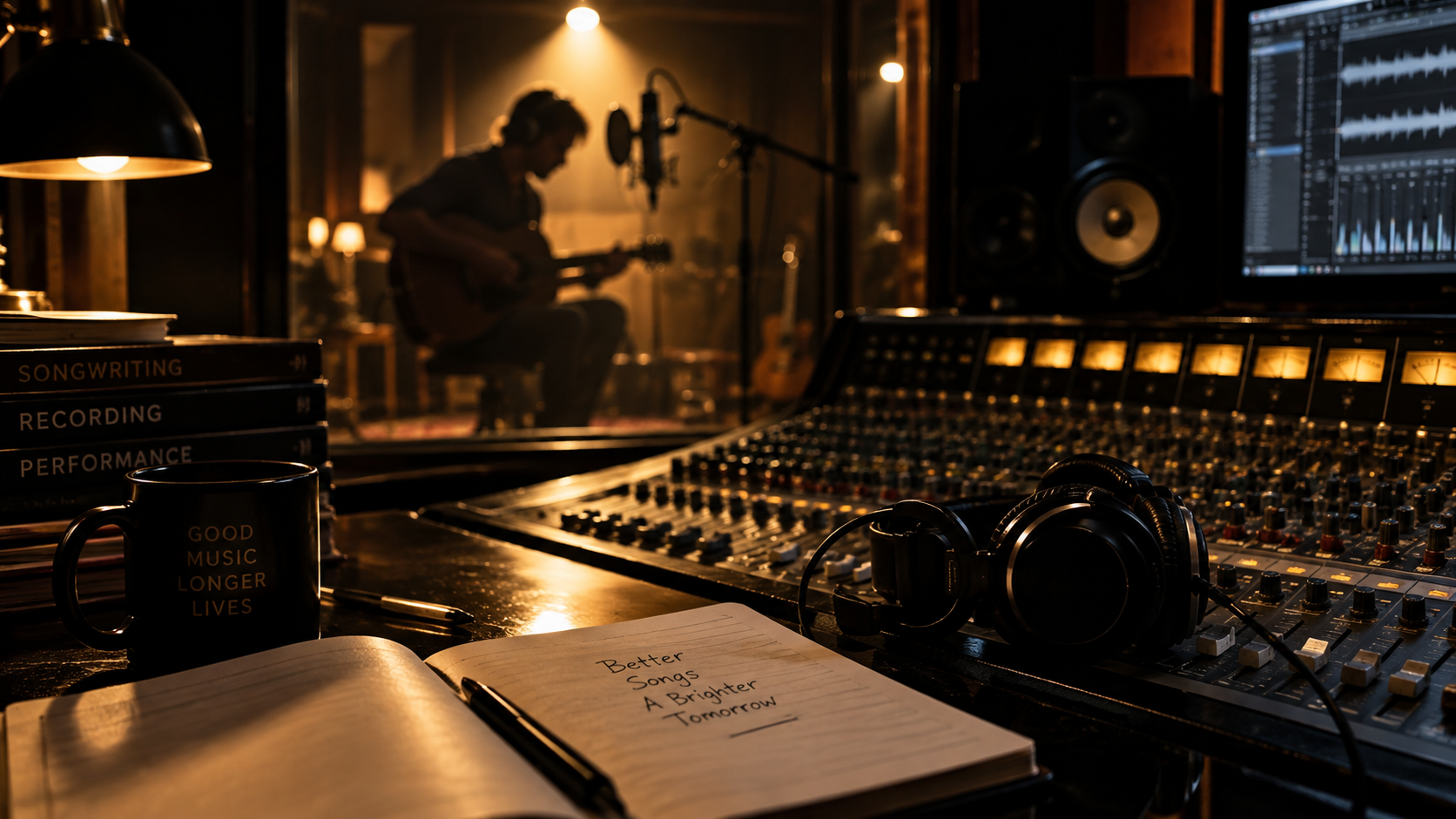 Musician recording in a studio behind a mixing desk with microphone, headphones and recording equipment