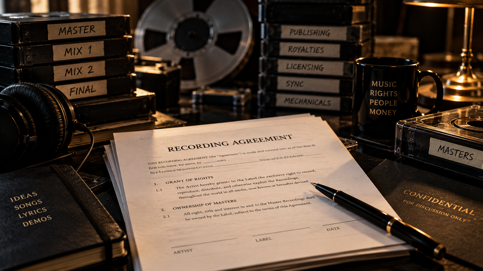 Recording agreement surrounded by master recordings, publishing, royalty and licensing materials