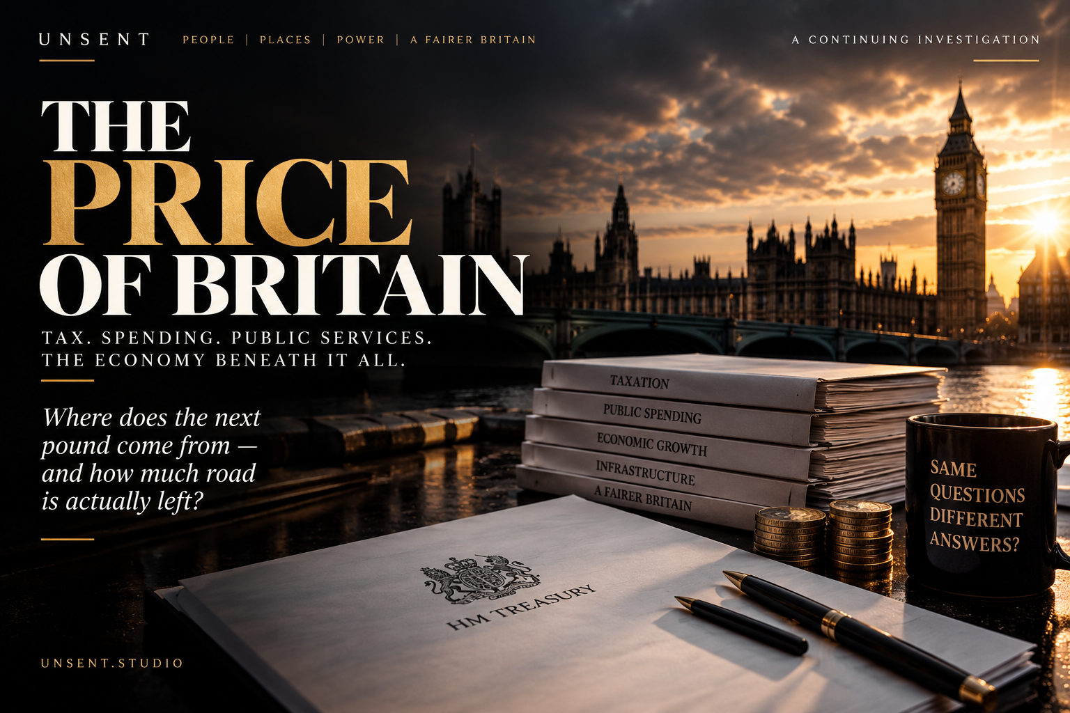 Editorial image representing UK taxation and public finances, with Westminster and HM Treasury documents.