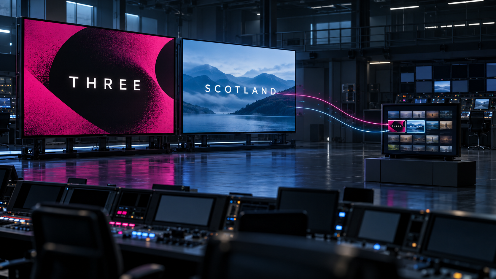 Conceptual image showing Three and Scotland television channels becoming small tiles inside a streaming platform