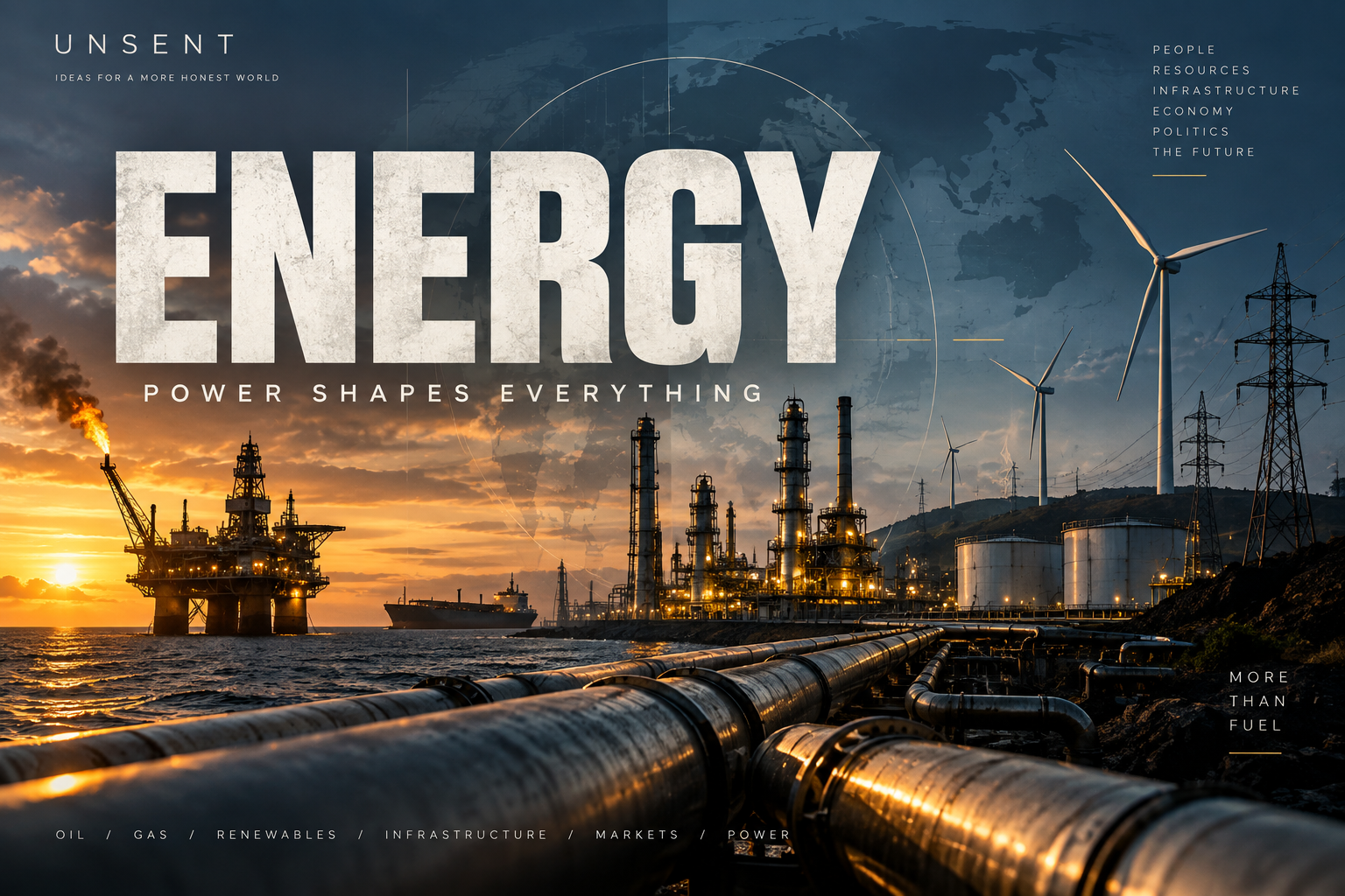 Energy landscape combining offshore oil production, refining, pipelines, storage tanks, electricity pylons and wind turbines.