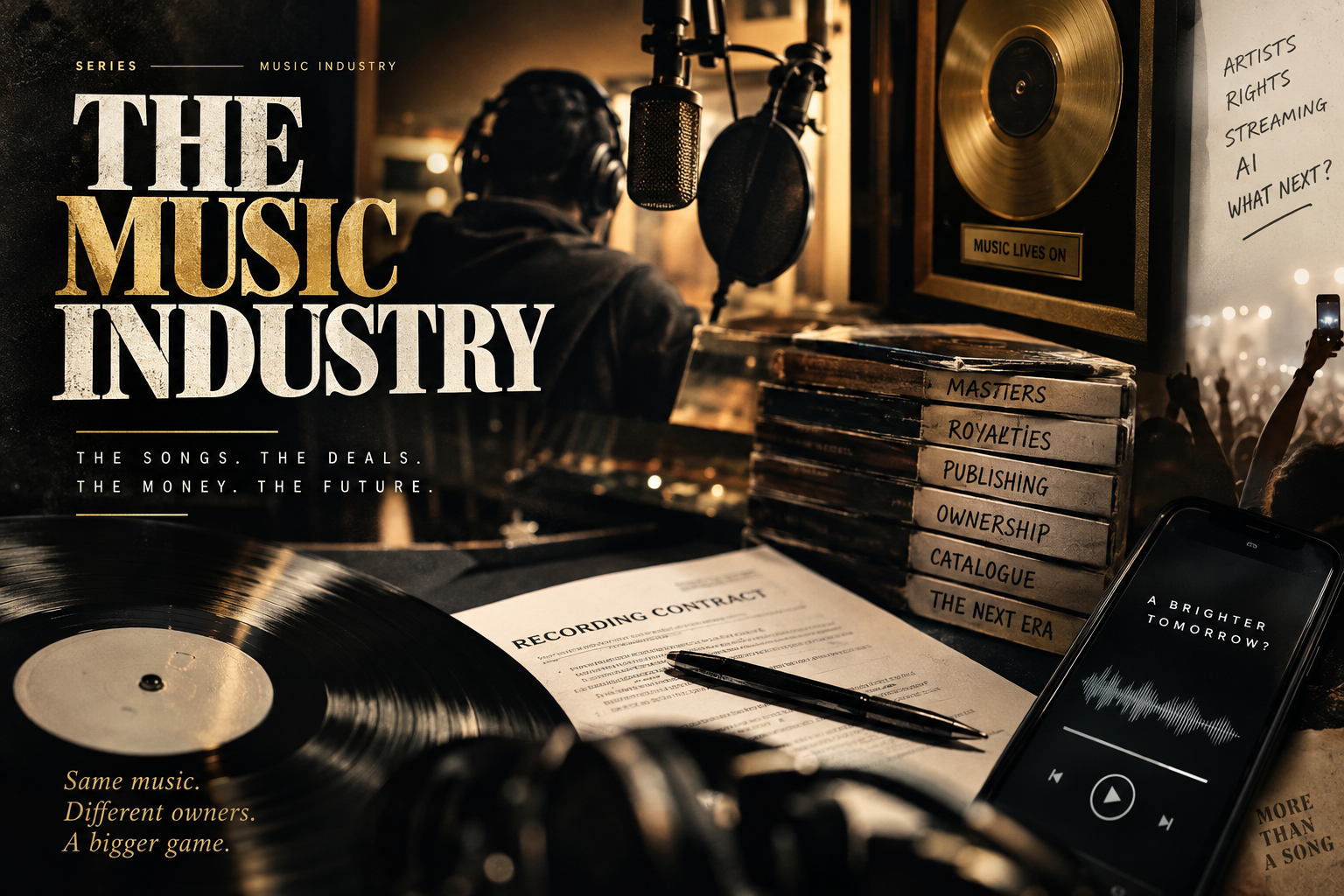 Recording studio, vinyl record, contract and master recordings representing ownership in the music industry.